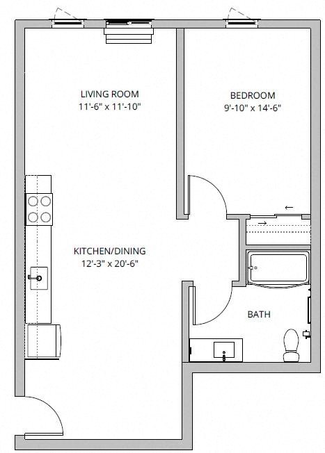 Floor plan for 1 bed, 1 bath, 710 sqft